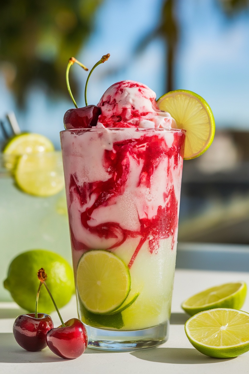 A refreshing Cherry Limeade Float with cherry ice cream and limeade, garnished with cherries and lime.